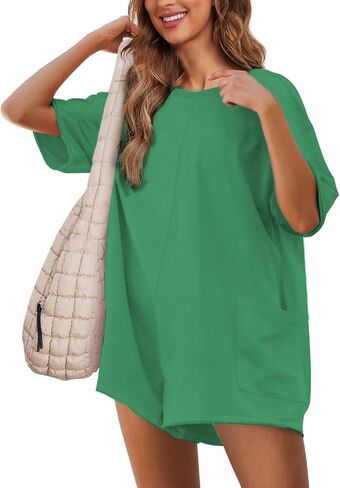Rompers for Women Casual Summer Short Sleeve Athletic Jumpsuits Oversized Back V Neck Onesie Tee Romper with Pockets in Saudi Arabia