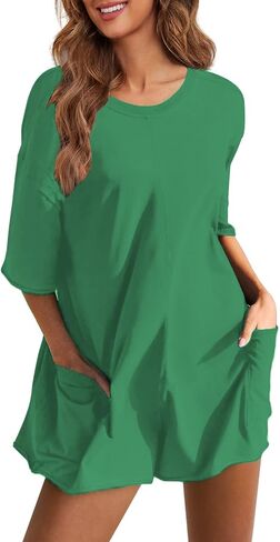 Rompers for Women Casual Summer Short Sleeve Athletic Jumpsuits Oversized Back V Neck Onesie Tee Romper with Pockets in Saudi Arabia
