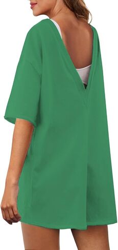 Rompers for Women Casual Summer Short Sleeve Athletic Jumpsuits Oversized Back V Neck Onesie Tee Romper with Pockets in Saudi Arabia