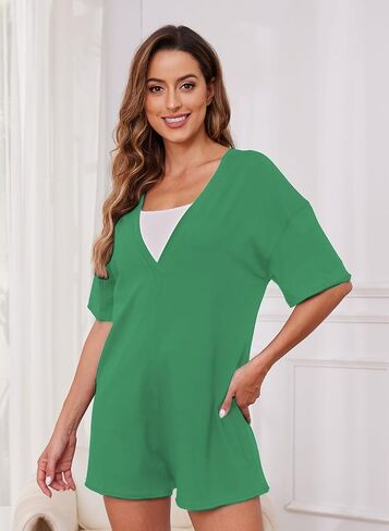 Rompers for Women Casual Summer Short Sleeve Athletic Jumpsuits Oversized Back V Neck Onesie Tee Romper with Pockets in Saudi Arabia