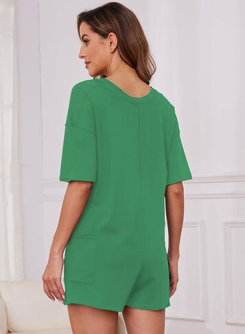Rompers for Women Casual Summer Short Sleeve Athletic Jumpsuits Oversized Back V Neck Onesie Tee Romper with Pockets in Saudi Arabia