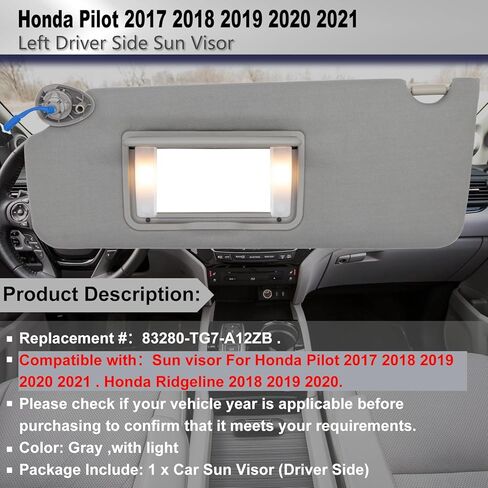 Driver Left Side Sun Visor Compatible with Honda Pilot 2017-2021 Honda Ridgeline 2018-2020 Replacement Sun Shade # 83280-TG7-A12ZB (Gray) in Kuwait
