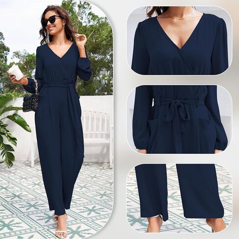 Women's Long Sleeve Jumpsuits for Women Dressy Casual Fall V Neck Wide leg Pants Rompers One Piece Outfits in Saudi Arabia