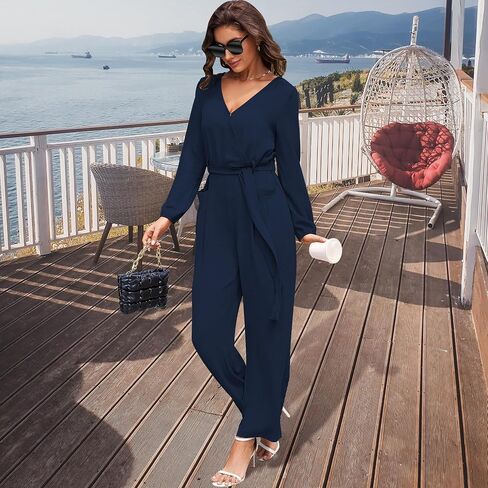Women's Long Sleeve Jumpsuits for Women Dressy Casual Fall V Neck Wide leg Pants Rompers One Piece Outfits in Saudi Arabia