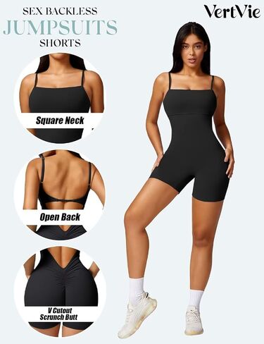 Vertvie One Piece Jumpsuits for Women Sleeveless Backless Tummy Control Workout Jumpsuit Shorts V Back Scrunch Yoga Rompers in Saudi Arabia