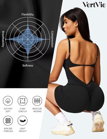 Vertvie One Piece Jumpsuits for Women Sleeveless Backless Tummy Control Workout Jumpsuit Shorts V Back Scrunch Yoga Rompers in Saudi Arabia