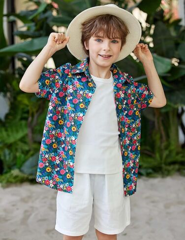 Arshiner Boy's Hawaiian Shirt Summer Tropical Button Down Shirt Short Sleeve Beach Shirt for Kids 100% Cotton Size 4-14 Years in Saudi Arabia