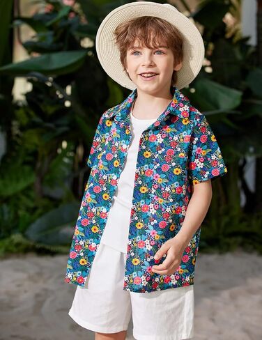 Arshiner Boy's Hawaiian Shirt Summer Tropical Button Down Shirt Short Sleeve Beach Shirt for Kids 100% Cotton Size 4-14 Years in Saudi Arabia