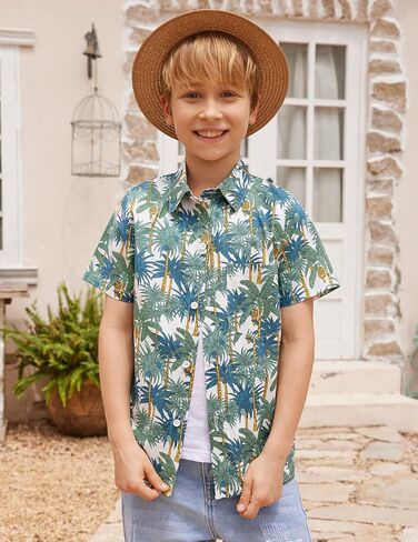 Arshiner Boy's Hawaiian Shirt Summer Tropical Button Down Shirt Short Sleeve Beach Shirt for Kids 100% Cotton Size 4-14 Years in Saudi Arabia