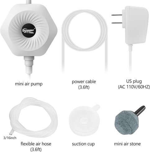 hygger Ultra Silent 1.5W Fish Bowl Aqaurium مضخة هواء صغيرة مع ملحقات، مجموعة مهوية الأكسجين لخزان الأسماك 0.5-15 جالون، تأتي مع أنابيب هواء 3/16 بوصة، حجر هواء، تيار متردد 110 فولت/60 هرتز in Saudi Arabia