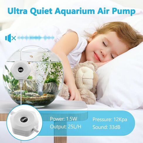hygger Ultra Silent 1.5W Fish Bowl Aqaurium مضخة هواء صغيرة مع ملحقات، مجموعة مهوية الأكسجين لخزان الأسماك 0.5-15 جالون، تأتي مع أنابيب هواء 3/16 بوصة، حجر هواء، تيار متردد 110 فولت/60 هرتز in Saudi Arabia