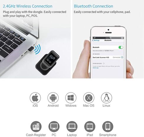 Symcode 2D QR Bluetooth ماسح الباركود مع شاشة عرض مع قاعدة شحن، 3 في 1 متوافق مع بلوتوث واتصال سلكي ولاسلكي 2.4 جيجا هرتز مع شاشة LCD ملونة TFT مقاس 1.8 بوصة in Saudi Arabia