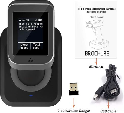 Symcode 2D QR Bluetooth ماسح الباركود مع شاشة عرض مع قاعدة شحن، 3 في 1 متوافق مع بلوتوث واتصال سلكي ولاسلكي 2.4 جيجا هرتز مع شاشة LCD ملونة TFT مقاس 1.8 بوصة in Saudi Arabia