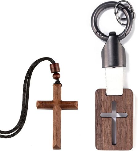 Wooden Cross Necklace Keychain Set of 2, Walnut Olive Wood Cross Keyring Pendant Gift for Men Women in Saudi Arabia