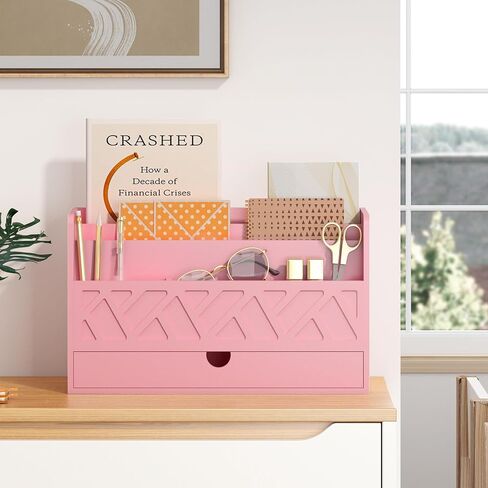 Wisuce Bamboo Mail Organizer Countertop Desktop with Drawer - Desk Organizer with File Organizer for Office Supplies All-in-One Desk File Organizer with Pencil Holder for Paper Letter Envelope Bill in Saudi Arabia