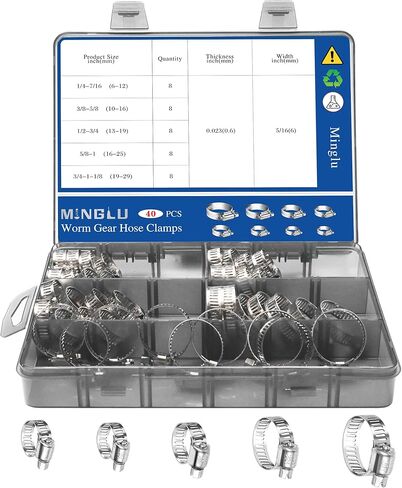 40PCS Hose Clamp Set, 1/4"–1-1/8" 304 Stainless Steel Worm Gear Fuel Line Hose Pipe Clamps for Fuel Injection Line, Automotive, Radiator, Garden in Kuwait