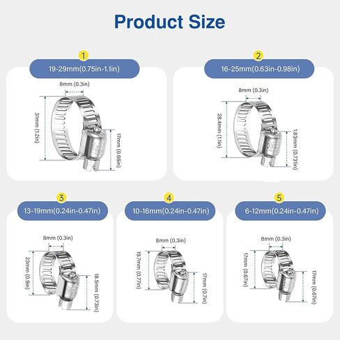 40PCS Hose Clamp Set, 1/4"–1-1/8" 304 Stainless Steel Worm Gear Fuel Line Hose Pipe Clamps for Fuel Injection Line, Automotive, Radiator, Garden in Kuwait