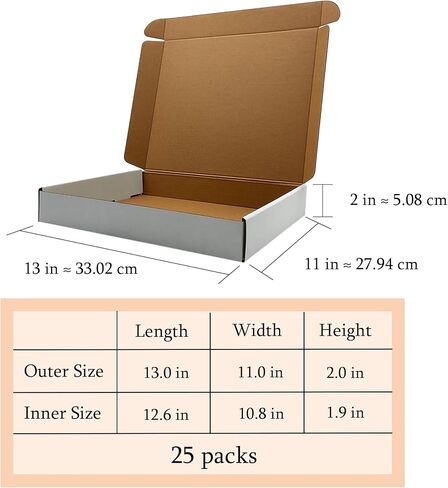 مجموعة صناديق شحن مقاس 13 × 11 × 2 بوصة مكونة من 25 قطعة، صندوق بريد من الورق المقوى الأبيض المموج لتعبئة تخزين نقل الأعمال الصغيرة، صناديق بريد لتغليف التجارة الإلكترونية، صناديق هدايا للهدايا in Saudi Arabia