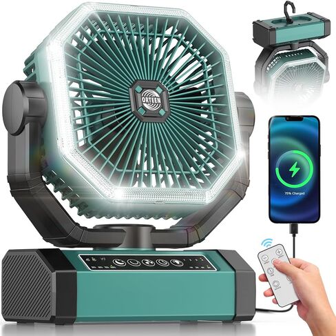 Portable Rechargeable Fan - 9-Inch Camping Fan for Tent, 24000mAh(60Hrs) Battery Operated Fan for Camping, Auto Oscillation Cordless Fans, Tent Fan with Remote/Light, 4 Speeds, 4 Timing, Outdoor in Kuwait