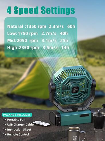 Portable Rechargeable Fan - 9-Inch Camping Fan for Tent, 24000mAh(60Hrs) Battery Operated Fan for Camping, Auto Oscillation Cordless Fans, Tent Fan with Remote/Light, 4 Speeds, 4 Timing, Outdoor in Kuwait