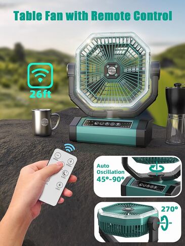Portable Rechargeable Fan - 9-Inch Camping Fan for Tent, 24000mAh(60Hrs) Battery Operated Fan for Camping, Auto Oscillation Cordless Fans, Tent Fan with Remote/Light, 4 Speeds, 4 Timing, Outdoor in Kuwait