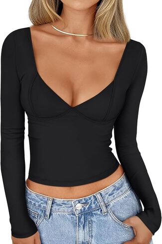 Trendy Queen Womens Long Sleeve Deep V-Neck Crop Tops Basic Y2K Going Out Tops Fall Outfits 2024 Fashion Clothes in Saudi Arabia