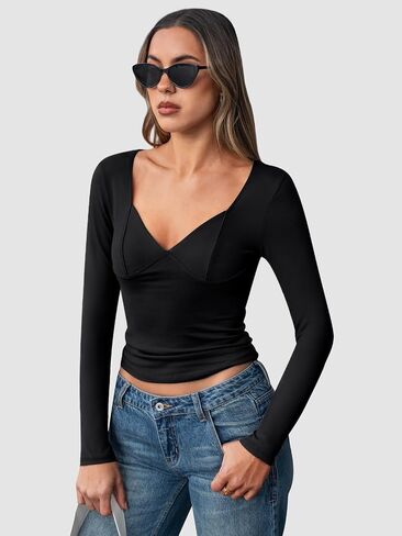Trendy Queen Womens Long Sleeve Deep V-Neck Crop Tops Basic Y2K Going Out Tops Fall Outfits 2024 Fashion Clothes in Saudi Arabia