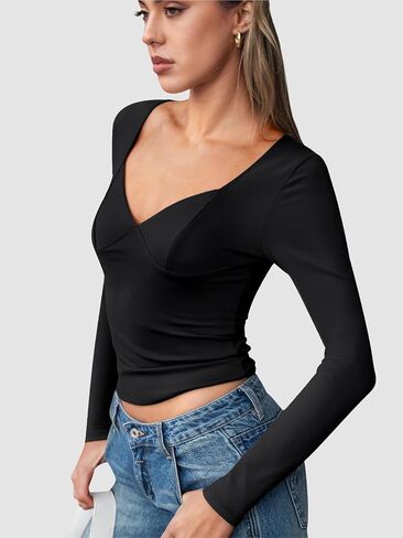 Trendy Queen Womens Long Sleeve Deep V-Neck Crop Tops Basic Y2K Going Out Tops Fall Outfits 2024 Fashion Clothes in Saudi Arabia