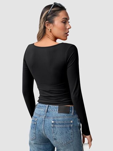 Trendy Queen Womens Long Sleeve Deep V-Neck Crop Tops Basic Y2K Going Out Tops Fall Outfits 2024 Fashion Clothes in Saudi Arabia
