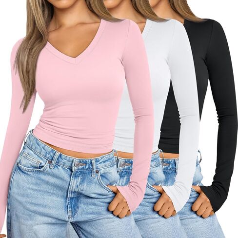 Womens 3 Pack Long Sleeve Shirts V Neck Going Out Slim Fit Causal Crop Tops 2024 Fall Fashion Clothes in Saudi Arabia