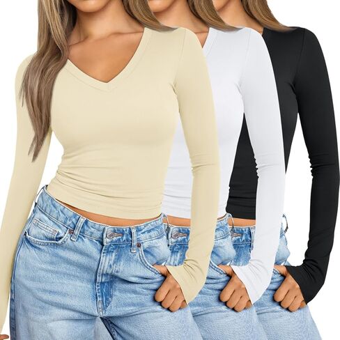 Womens 3 Pack Long Sleeve Shirts V Neck Going Out Slim Fit Causal Crop Tops 2024 Fall Fashion Clothes in Saudi Arabia