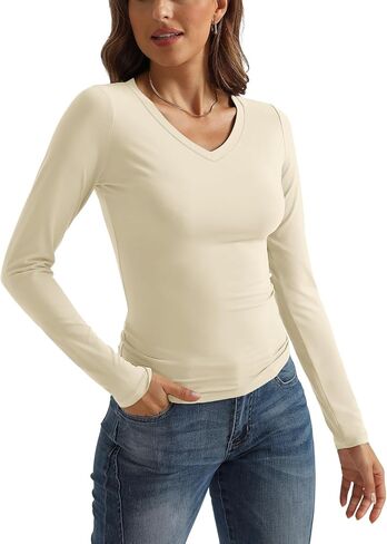 Womens 3 Pack Long Sleeve Shirts V Neck Going Out Slim Fit Causal Crop Tops 2024 Fall Fashion Clothes in Saudi Arabia
