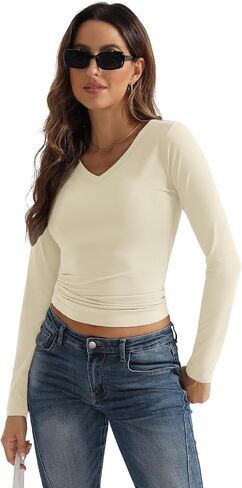 Womens 3 Pack Long Sleeve Shirts V Neck Going Out Slim Fit Causal Crop Tops 2024 Fall Fashion Clothes in Saudi Arabia