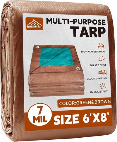 Tarp 5x7 ft 100% Waterproof 7mil Durable Grommets and Reinforced Edges,Uv Resistant,Green/Brown Tarp,Emergency Rain Shelter,Outdoor Cover and Camping Use -by MVPNET in Saudi Arabia