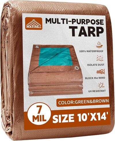 Tarp 5x7 ft 100% Waterproof 7mil Durable Grommets and Reinforced Edges,Uv Resistant,Green/Brown Tarp,Emergency Rain Shelter,Outdoor Cover and Camping Use -by MVPNET in Saudi Arabia