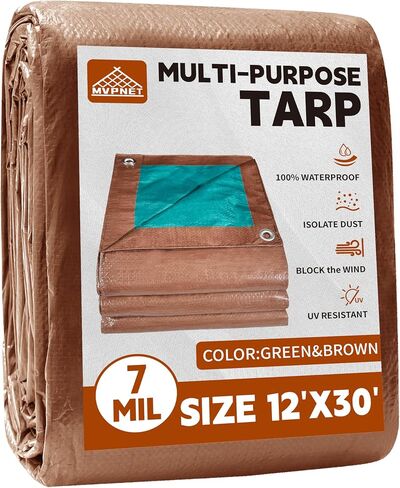 Tarp 5x7 ft 100% Waterproof 7mil Durable Grommets and Reinforced Edges,Uv Resistant,Green/Brown Tarp,Emergency Rain Shelter,Outdoor Cover and Camping Use -by MVPNET in Saudi Arabia