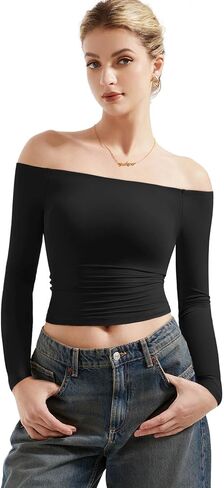SUUKSESS Women Off Shoulder Double Lined Long Sleeve Shirts Basic Going Out Tops in Saudi Arabia