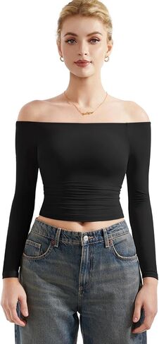 SUUKSESS Women Off Shoulder Double Lined Long Sleeve Shirts Basic Going Out Tops in Saudi Arabia
