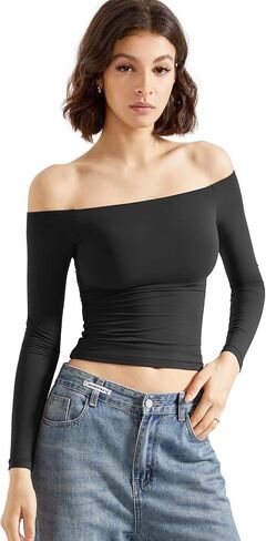SUUKSESS Women Off Shoulder Double Lined Long Sleeve Shirts Basic Going Out Tops in Saudi Arabia
