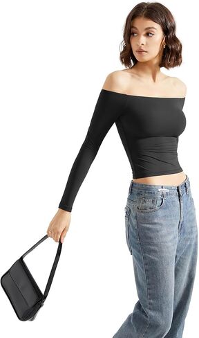 SUUKSESS Women Off Shoulder Double Lined Long Sleeve Shirts Basic Going Out Tops in Saudi Arabia
