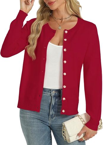 Tanou Womens Lightweight Cardigan Classic Casual Hollow Carved Long Sleeve Crew Neck Button Knit Cardigan Sweaters in Saudi Arabia