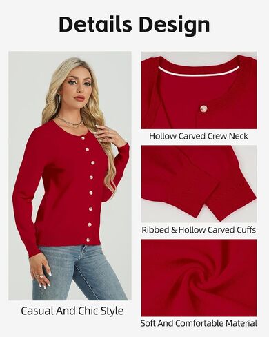 Tanou Womens Lightweight Cardigan Classic Casual Hollow Carved Long Sleeve Crew Neck Button Knit Cardigan Sweaters in Saudi Arabia