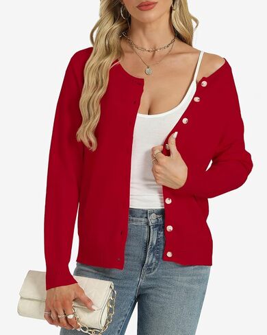 Tanou Womens Lightweight Cardigan Classic Casual Hollow Carved Long Sleeve Crew Neck Button Knit Cardigan Sweaters in Saudi Arabia