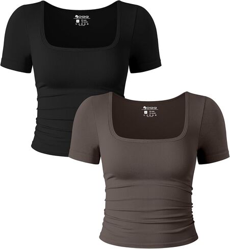 قمصان OQQ النسائية مكونة من قطعتين بأكمام قصيرة ورقبة مربعة مكشكشة قابلة للتمدد in Kuwait