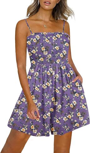 YESNO Women Summer Smocked Short Overalls Casual Boho Floral Rompers Spaghetti Straps Beach Jumpsuits with Pockets PH0 in Saudi Arabia