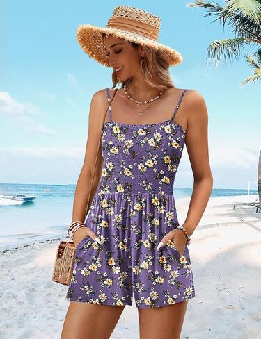 YESNO Women Summer Smocked Short Overalls Casual Boho Floral Rompers Spaghetti Straps Beach Jumpsuits with Pockets PH0 in Saudi Arabia