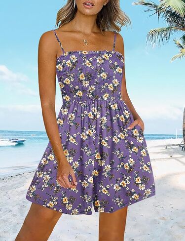 YESNO Women Summer Smocked Short Overalls Casual Boho Floral Rompers Spaghetti Straps Beach Jumpsuits with Pockets PH0 in Saudi Arabia