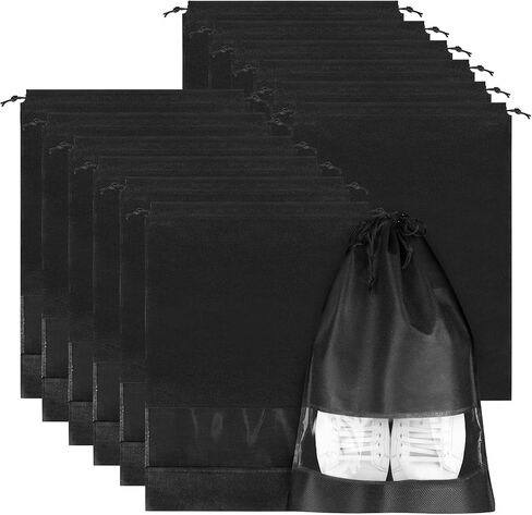 12 قطعة من حقائب الأحذية للسفر، حقائب أحذية سفر محمولة مع نافذة شفافة، حقيبة سفر كبيرة للأحذية بحبل، حقيبة تخزين أحذية السفر مقاومة للغبار للرجال والنساء، مقاس 12.6 بوصة × 17.3 بوصة، أسود in Kuwait