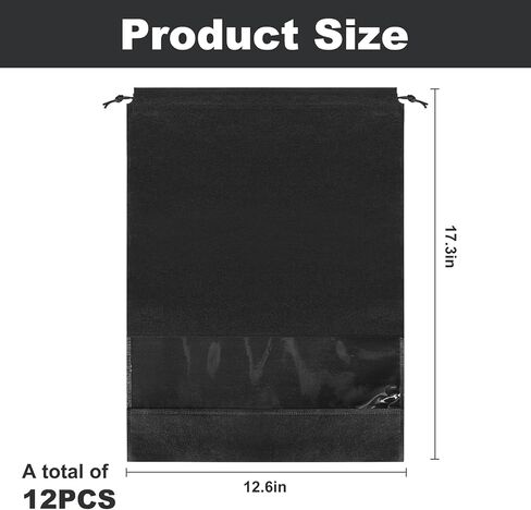 12 قطعة من حقائب الأحذية للسفر، حقائب أحذية سفر محمولة مع نافذة شفافة، حقيبة سفر كبيرة للأحذية بحبل، حقيبة تخزين أحذية السفر مقاومة للغبار للرجال والنساء، مقاس 12.6 بوصة × 17.3 بوصة، أسود in Kuwait
