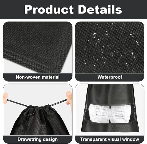 12 قطعة من حقائب الأحذية للسفر، حقائب أحذية سفر محمولة مع نافذة شفافة، حقيبة سفر كبيرة للأحذية بحبل، حقيبة تخزين أحذية السفر مقاومة للغبار للرجال والنساء، مقاس 12.6 بوصة × 17.3 بوصة، أسود in Kuwait